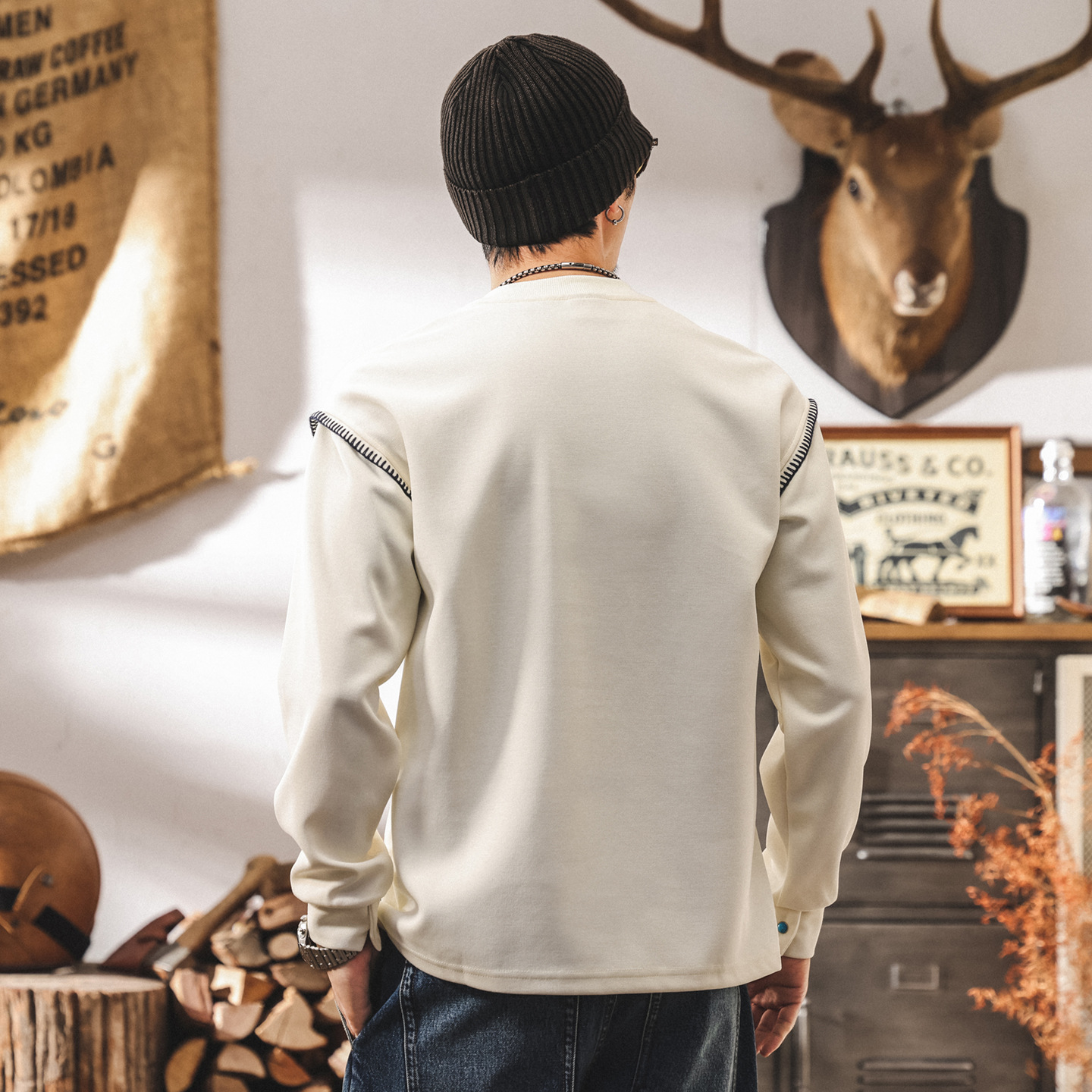 美式復古亨利領衛衣男春秋新款潮流設計感長袖男t恤寬鬆休閒上衣