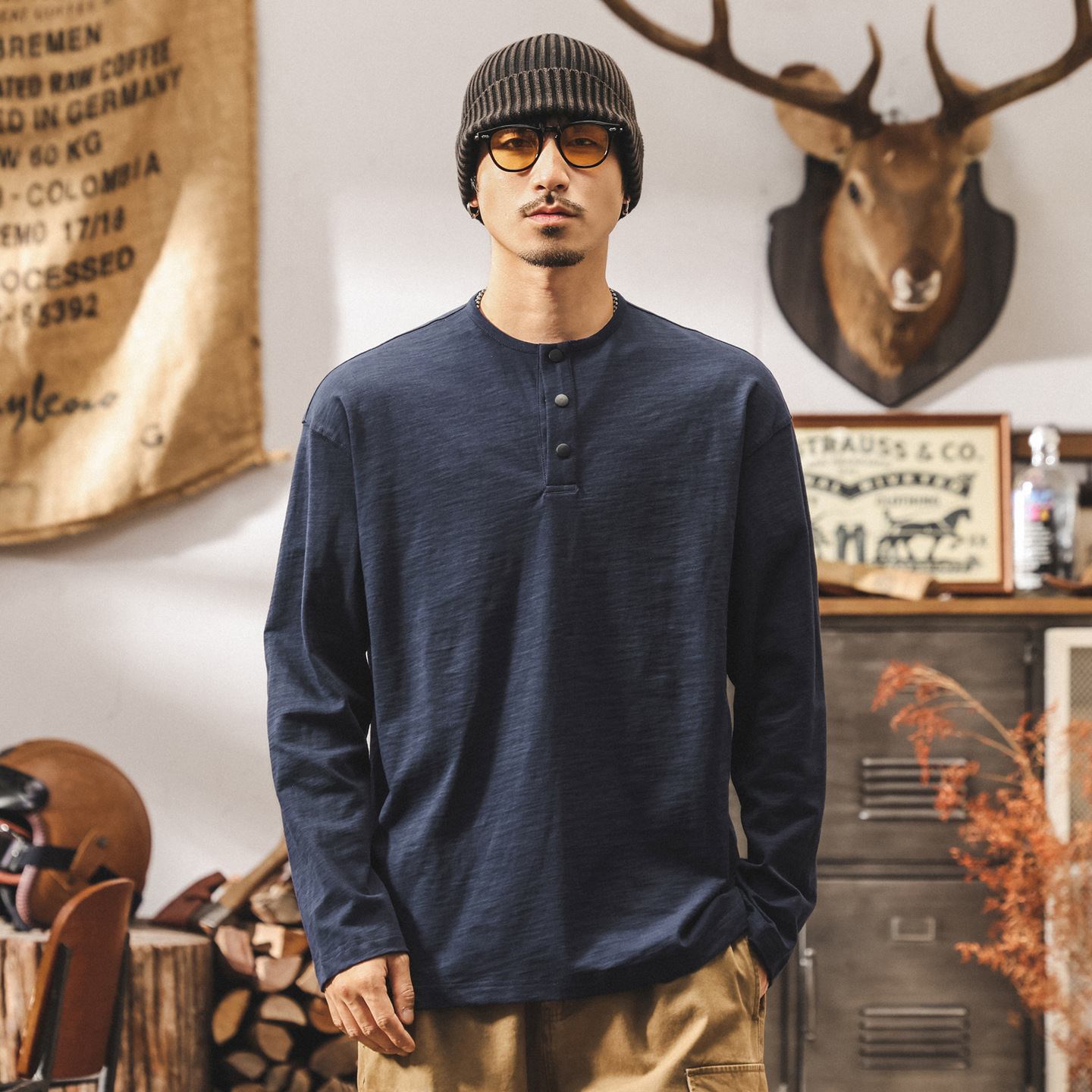 美式復古280g重磅竹節棉t恤男秋季新款潮流亨利領長袖polo衫