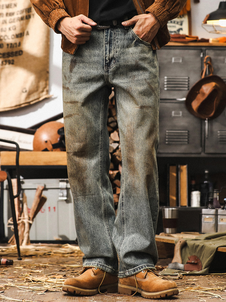 美式做舊臟染牛仔褲男款寬鬆直筒高街潮牌褲子男復古水洗休閒長褲