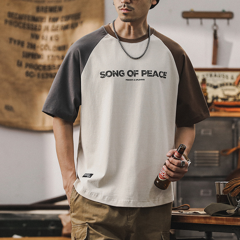 美式經典復古男士短袖T恤夏季寬鬆撞色拼接上衣潮牌休閑體恤男裝