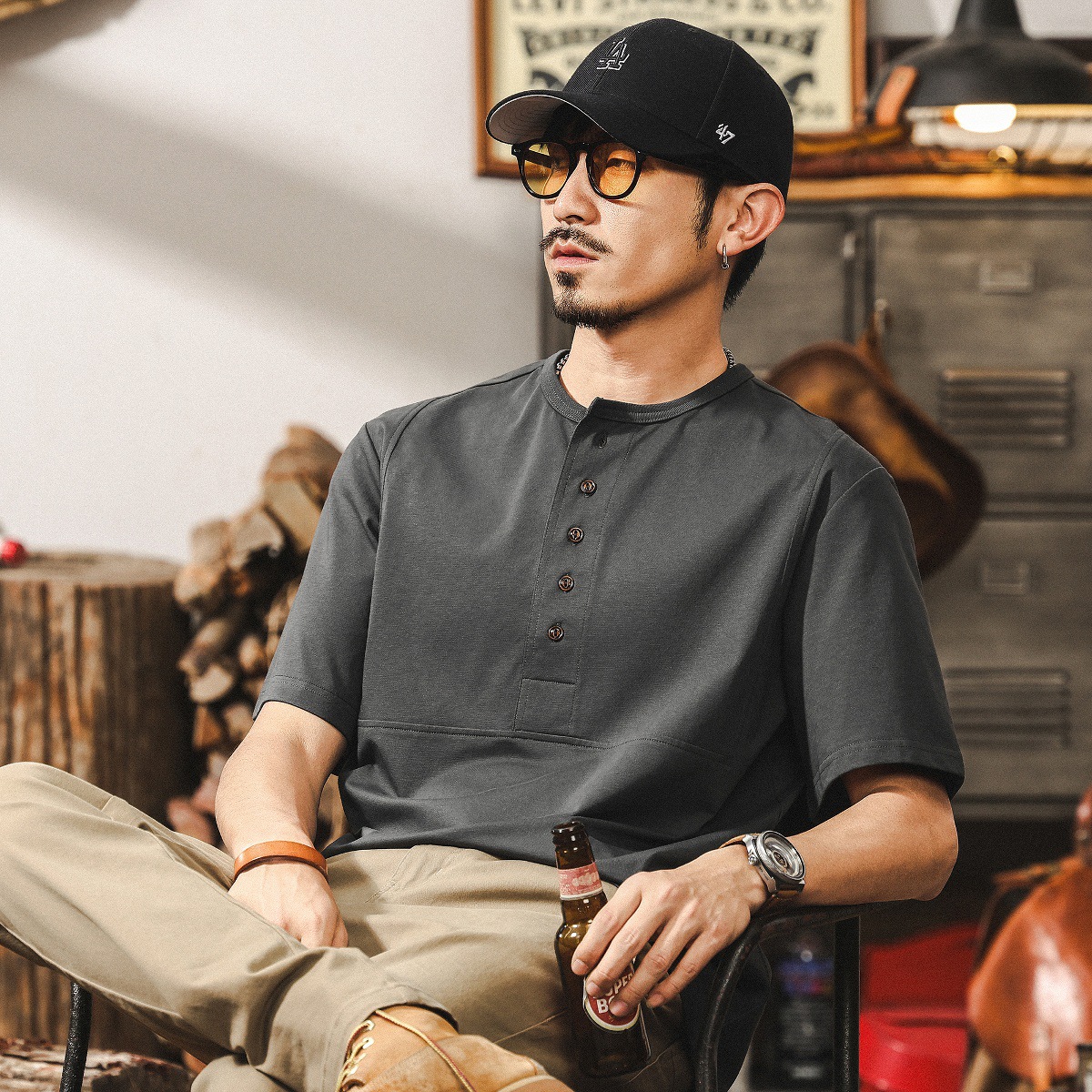 美式復古重磅T恤男夏季短袖寬鬆2025新款潮流硬漢亨利領Polo衫男