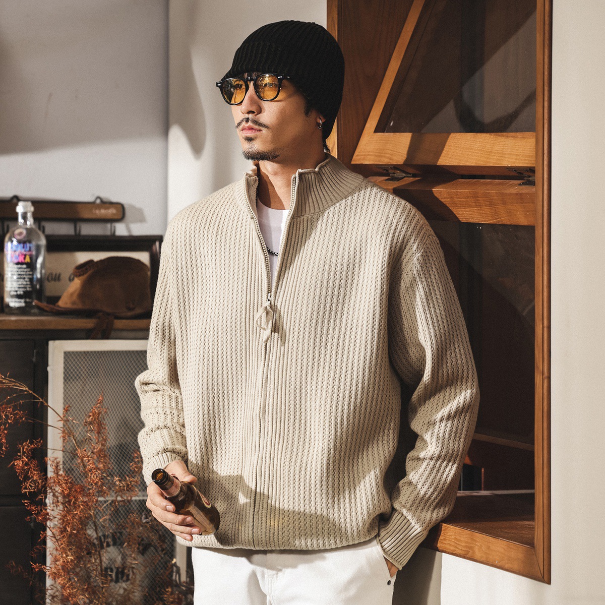 美式復古黑色開衫毛衣外套男春秋寬鬆立領慵懶風針織衫上衣男秋冬