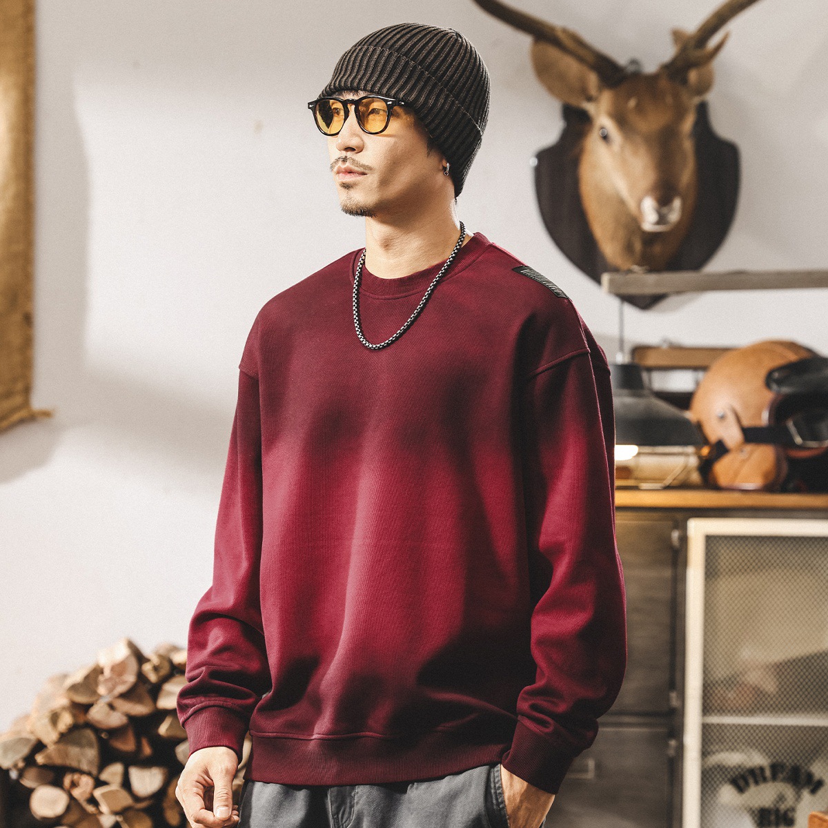 美式復古髒染潮流重磅男士衛衣秋季2025新款安可拉紅寬鬆大碼上衣