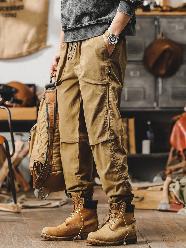 美式重磅復古工裝褲子男春季潮牌寬鬆直筒休閒褲男束腳獵裝戰術褲