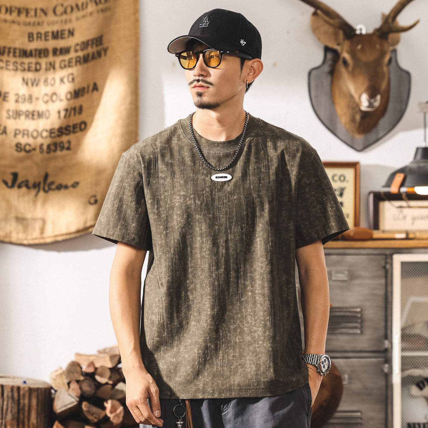 夏季新款高級感提花短袖t恤男美式潮流設計寬鬆休閒半袖男士上衣