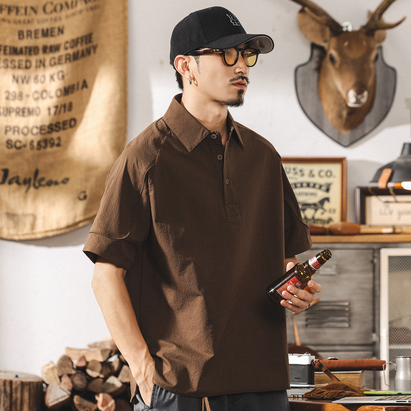 美拉德復古涼感速幹短袖男士Polo衫夏季潮牌高級感泡泡紗寬鬆上衣