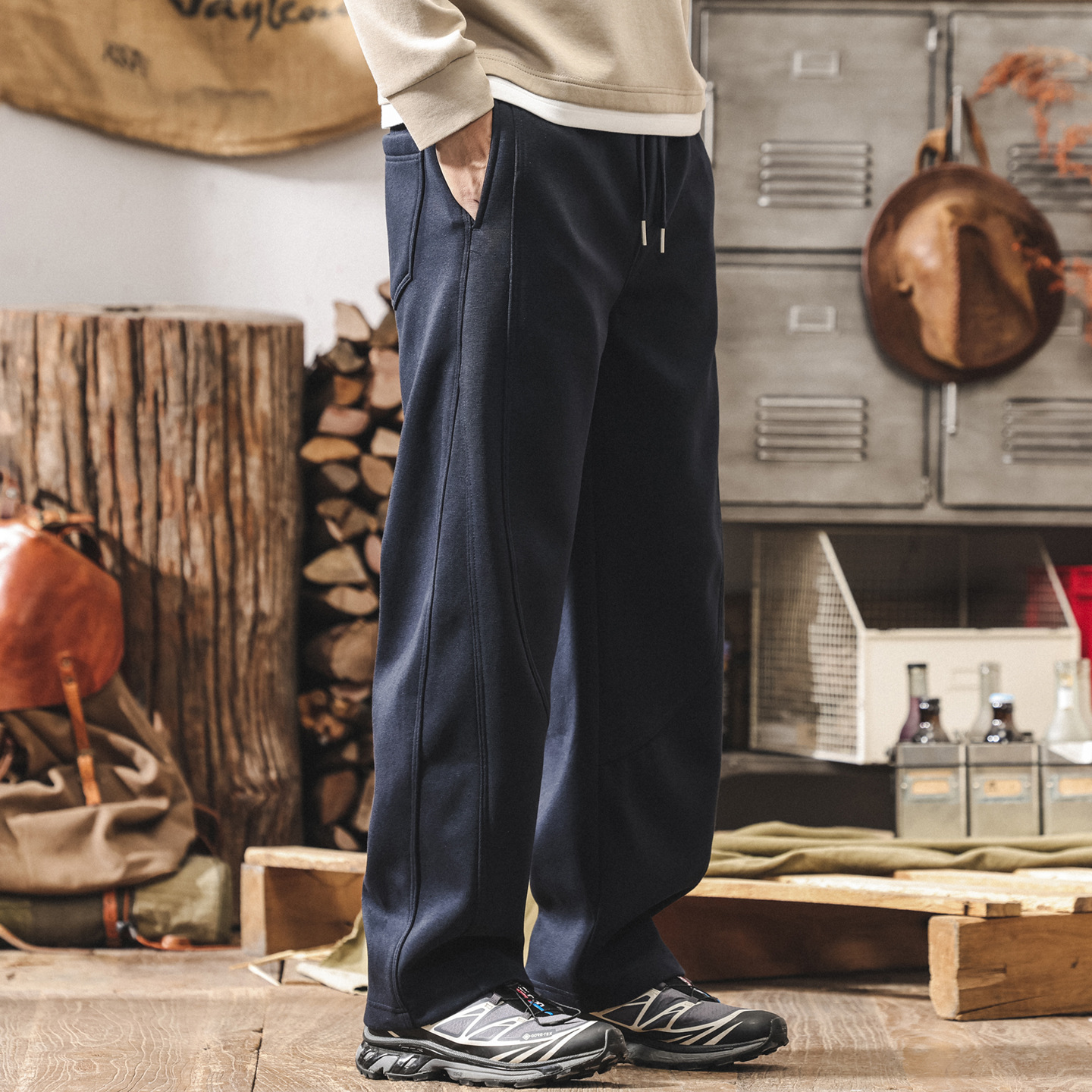 美式復古加絨彎刀褲子男款冬季加厚衛褲直筒男士重磅寬鬆休閒長褲