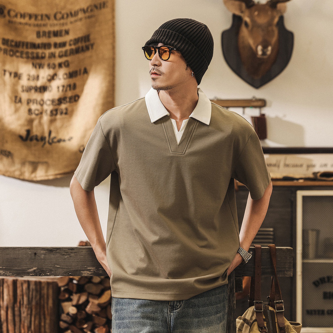 美式復古假兩件短袖Polo衫男2026新款夏季潮流V領寬鬆休閒男士T恤