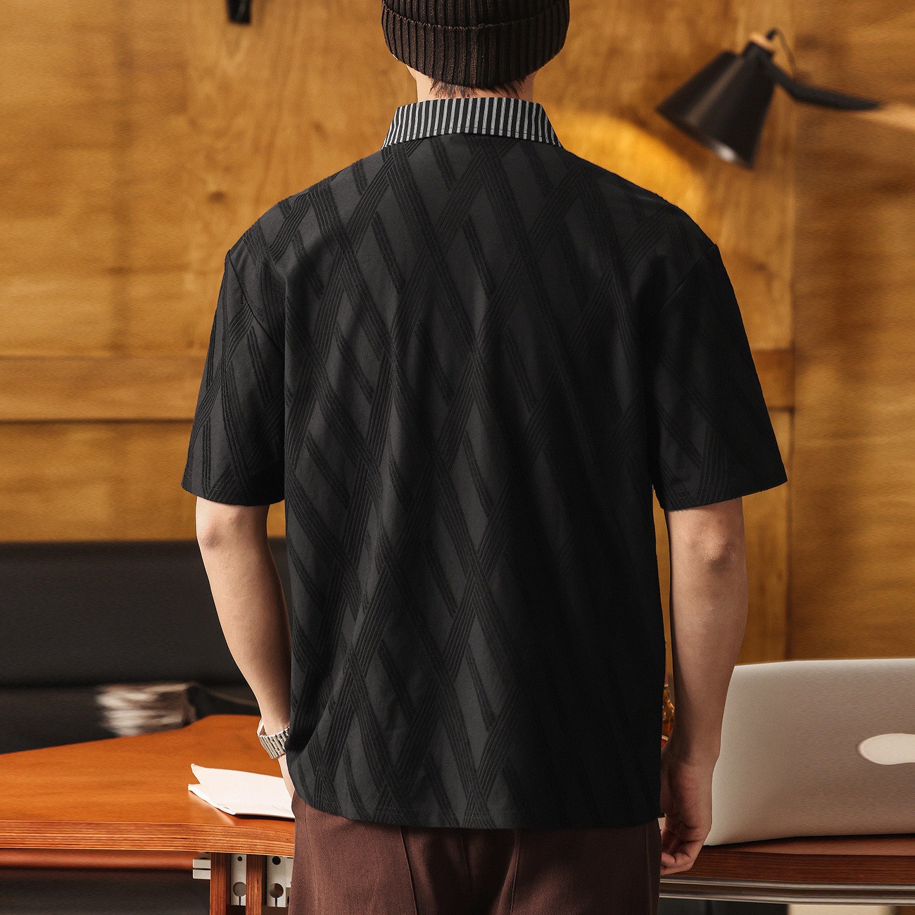 美式復古襯衫領假兩件短袖POLO衫男夏季潮流輕奢提花寬鬆男士T恤