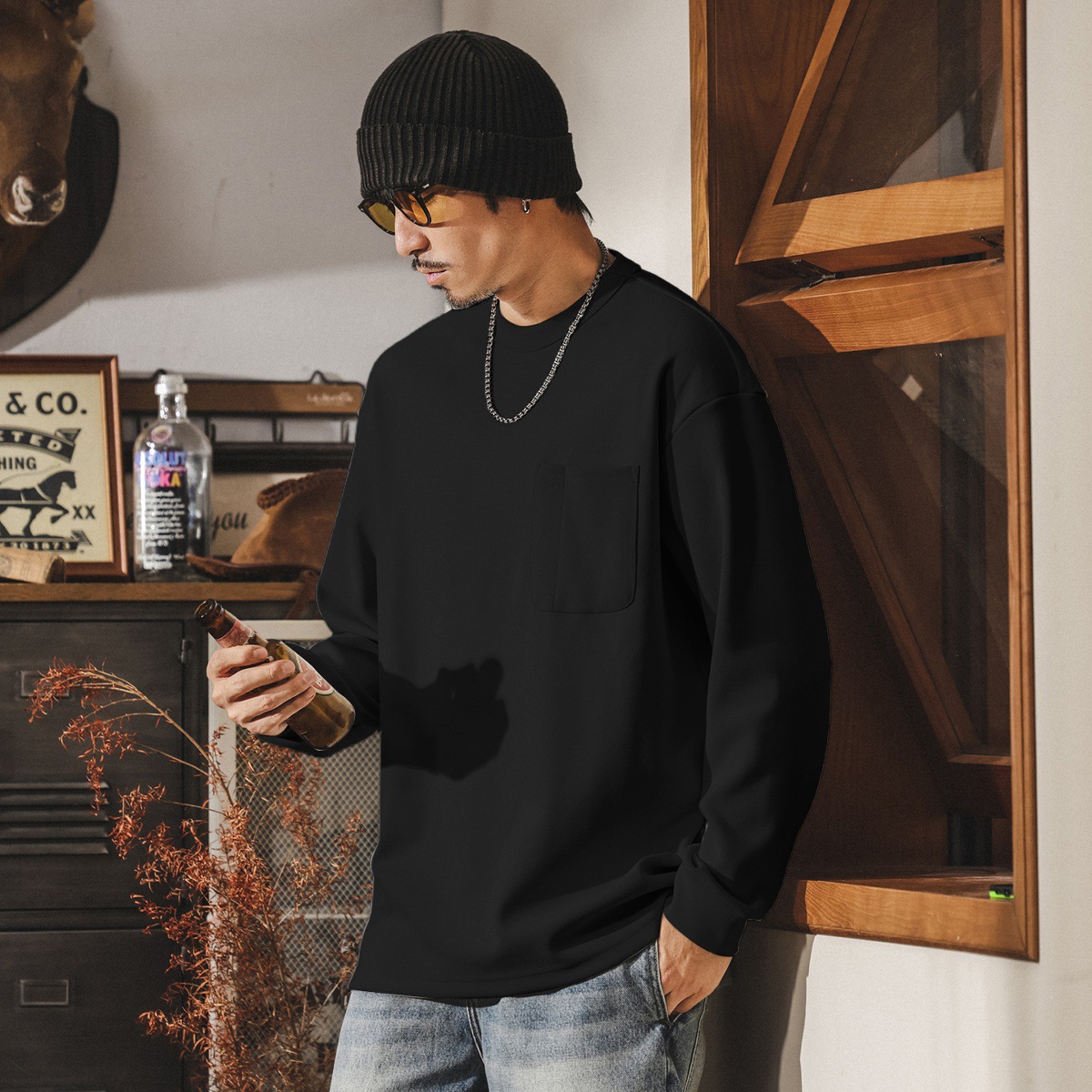 美式復古410g重磅賽爾絨衛衣男春秋新款寬鬆基礎純色內搭打底衫男