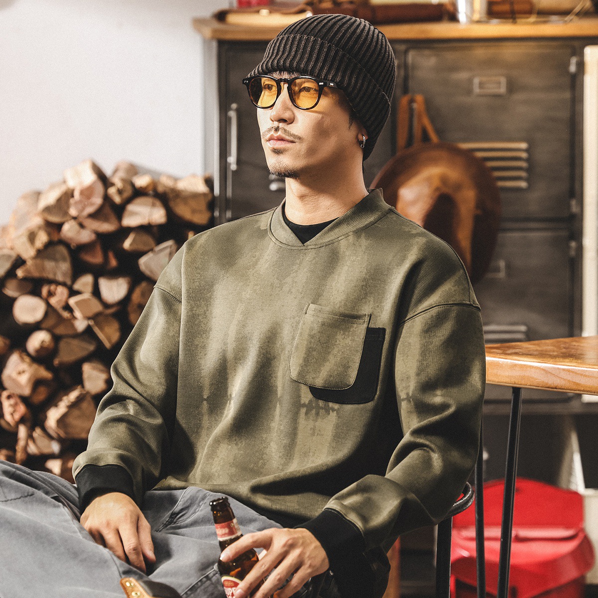 美式復古麂皮絨360g重磅衛衣男春秋款潮牌髒染寬鬆假兩件男士上衣