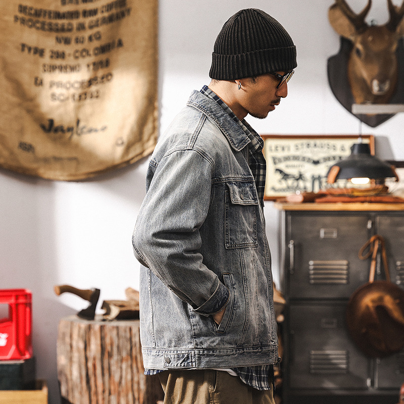 美式復古水洗竹節紋牛仔外套男春秋2025新款潮牌寬鬆痞帥工裝夾克