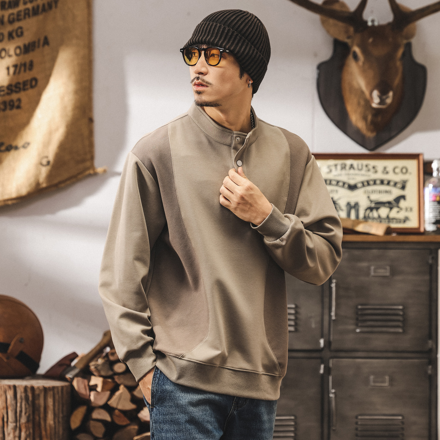 美式復古亨利領重磅衛衣男秋季新款拼接撞色寬鬆大碼休閒立領上衣