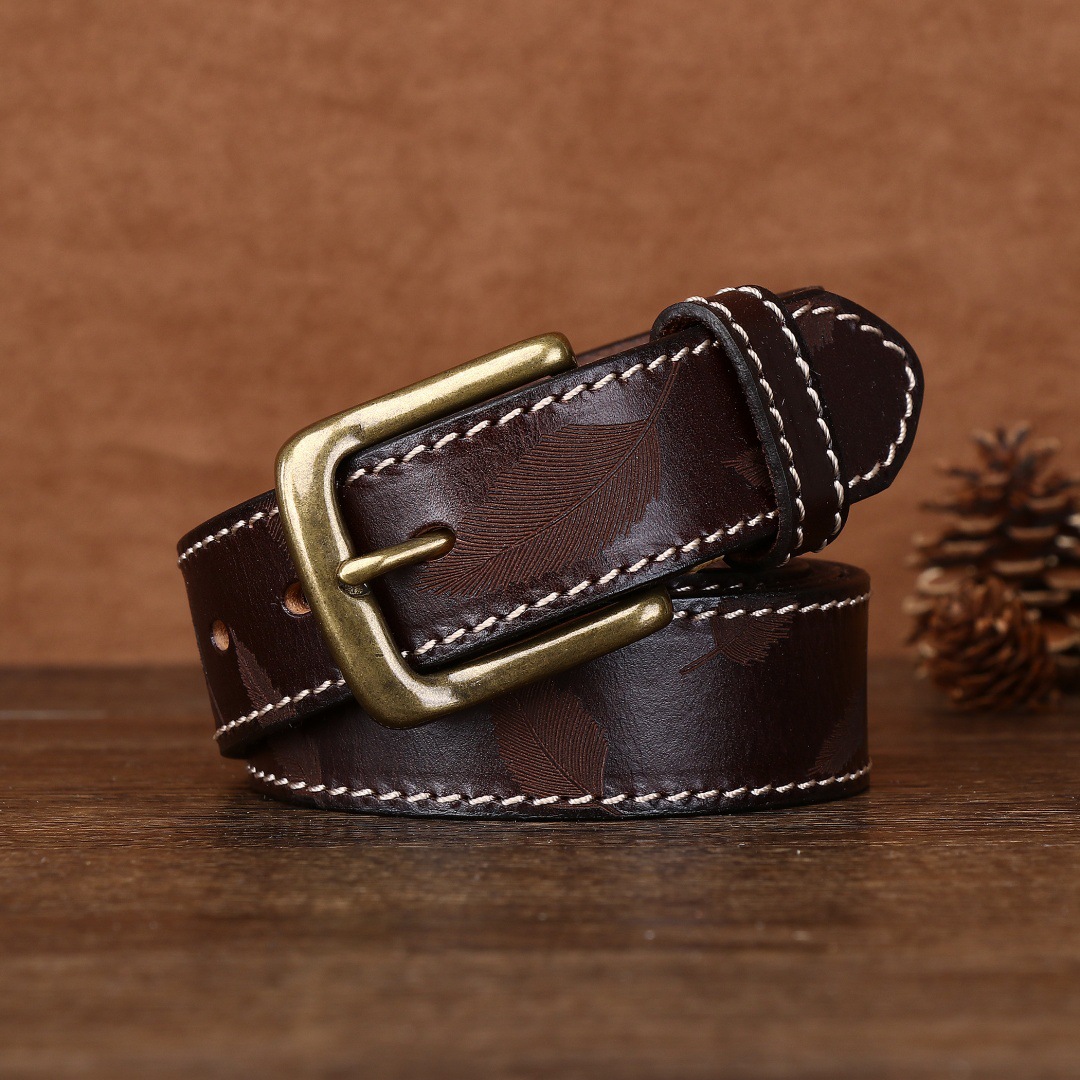 3.4CM男女腰帶激光雕刻復古頭層牛皮皮帶個性銅釦休閒腰帶
