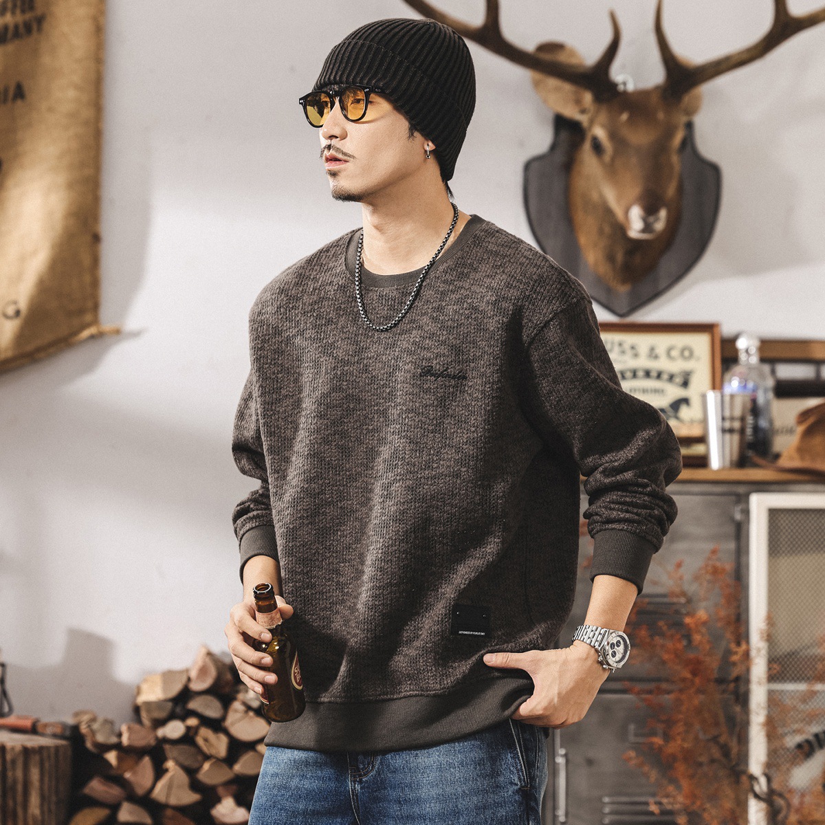 美式復古320g重磅加厚衛衣男冬季新款粗針混色毛線針織衫寬鬆毛衣