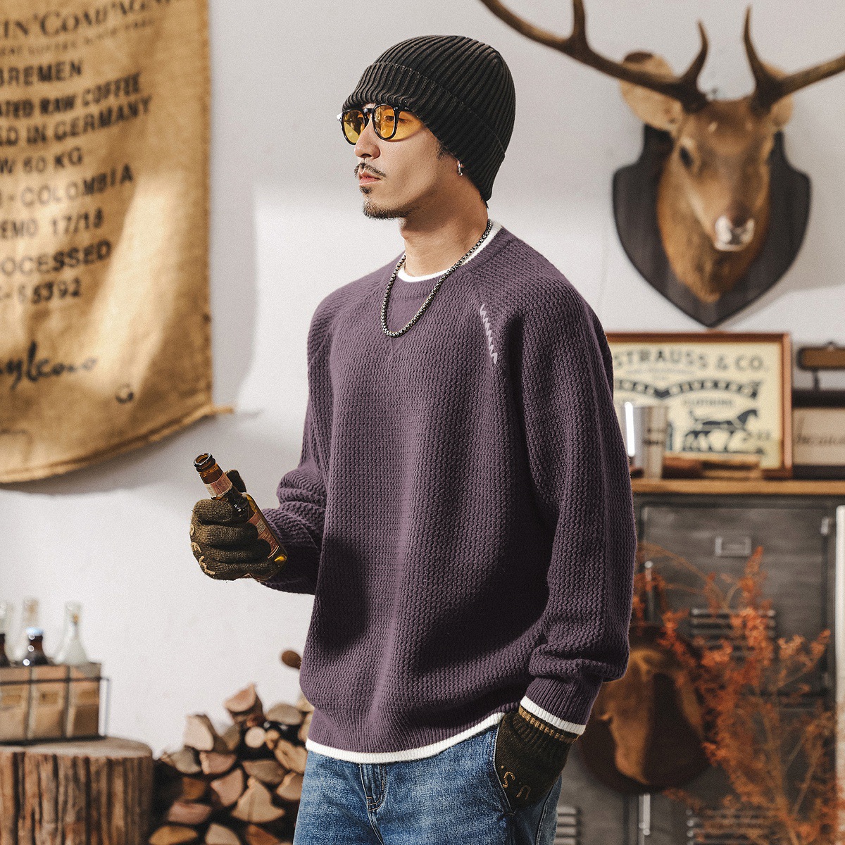 美式復古重磅假兩件毛衣男加厚冬季保暖毛線衣圓領寬鬆男士針織衫