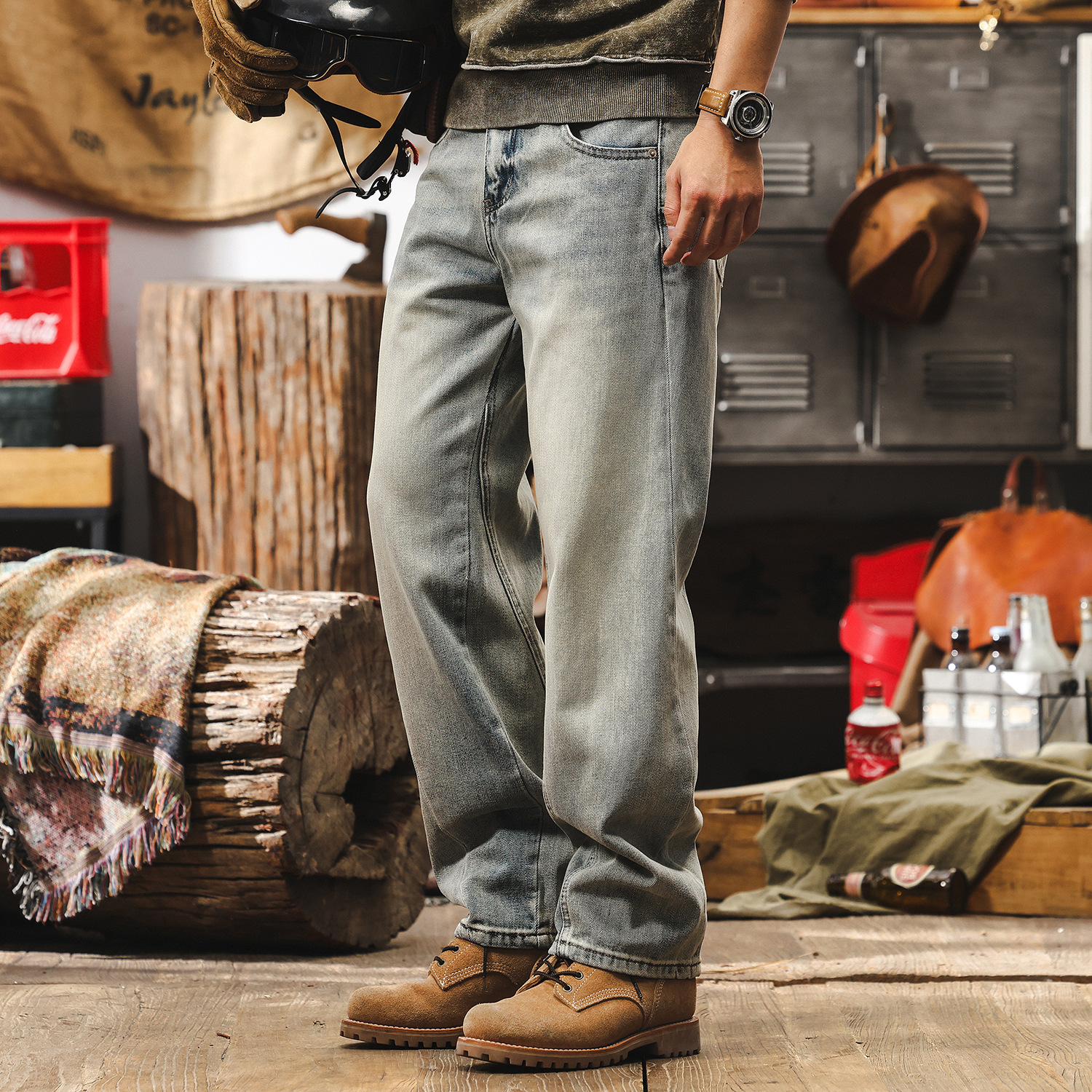 美式復古分割立體剪裁牛仔褲男直筒春季潮牌黃泥染水洗休閒長褲男