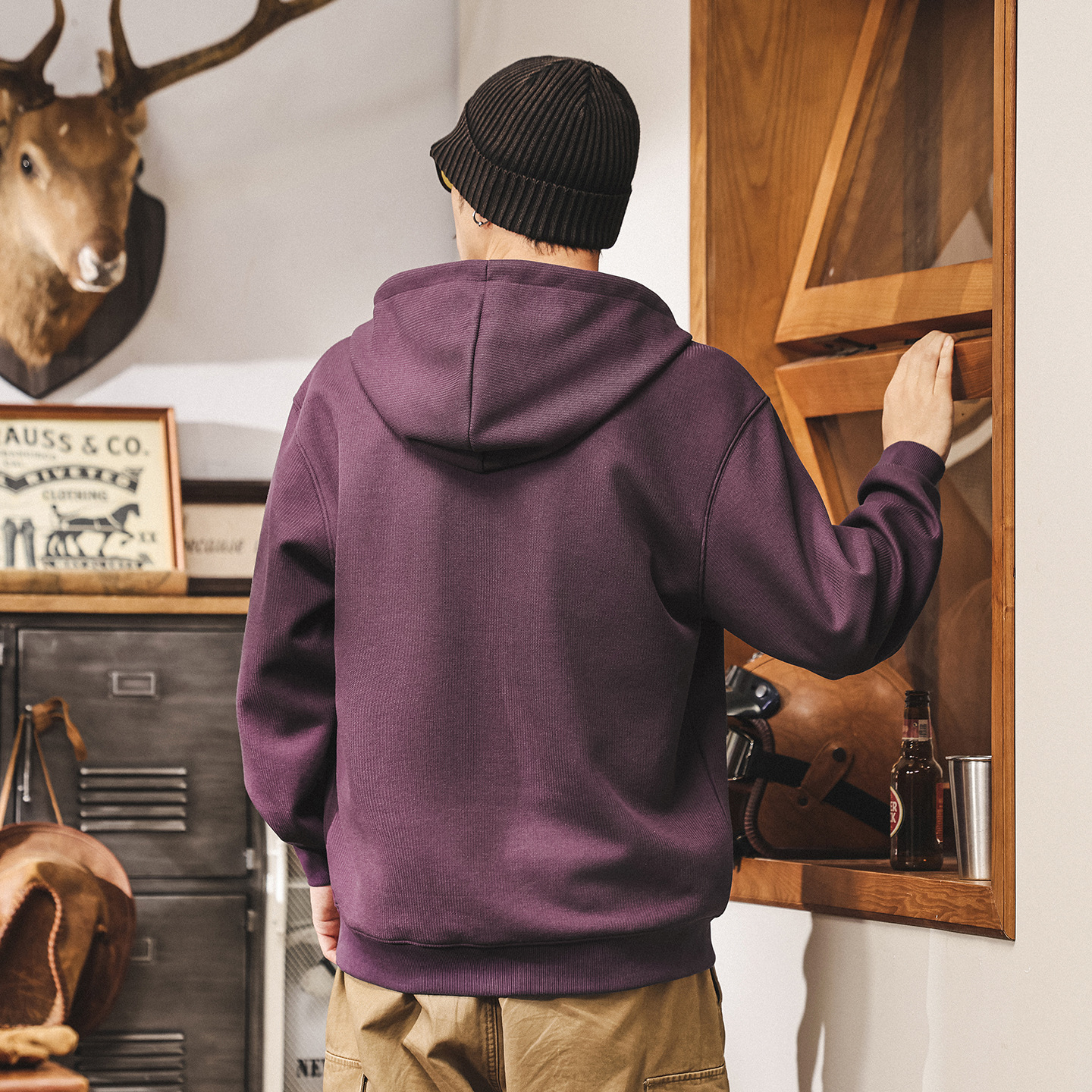 美式復古重磅假兩件V領連帽衛衣男春秋新款紫色潮流寬鬆休閒上衣