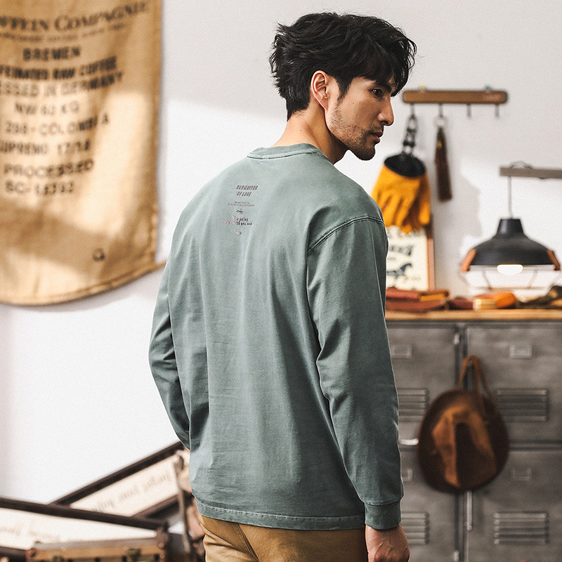 美式重磅復古水洗T恤男長袖秋季潮牌男裝2024新款寬鬆男純棉上衣T
