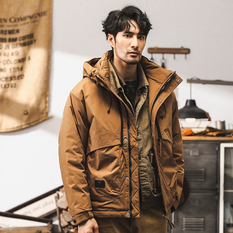 美式復古90灰鴨絨工裝羽絨服男冬季2024新款戶外連帽外套男秋冬款