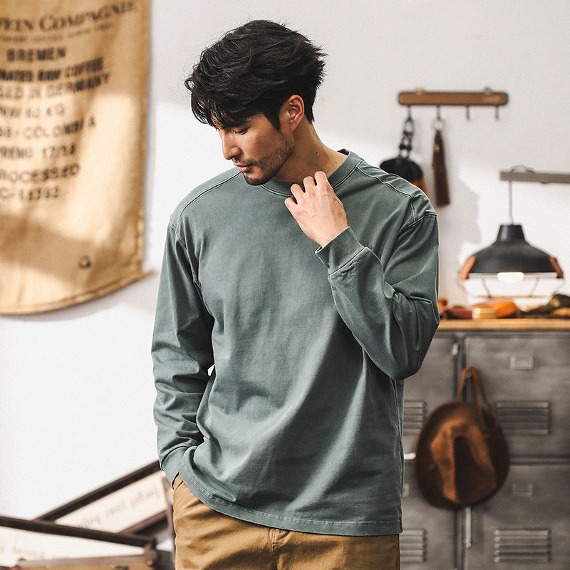 美式重磅復古水洗T恤男長袖秋季潮牌男裝2024新款寬鬆男純棉上衣T