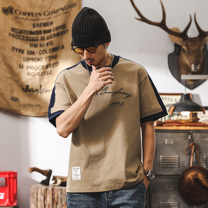 拼接撞色T恤男美式復古短袖夏季2025新款潮牌刺繡寬鬆上衣男