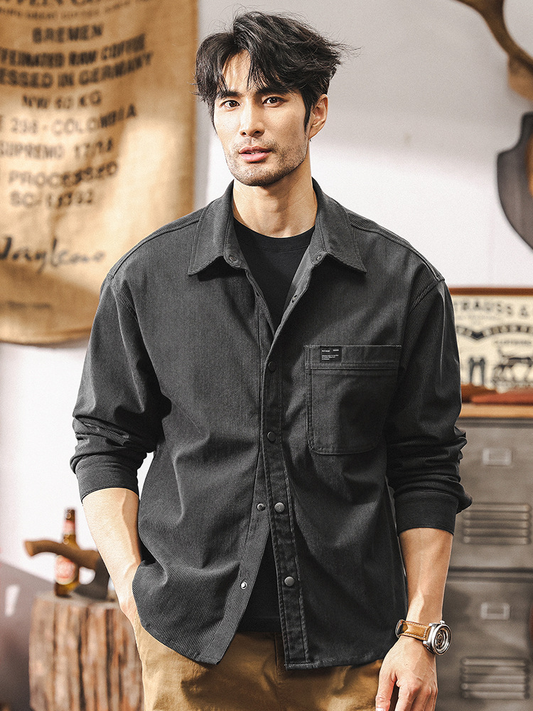 美式復古春季襯衫男長袖寬鬆休閒2025新款潮牌重磅水洗休閒外套男