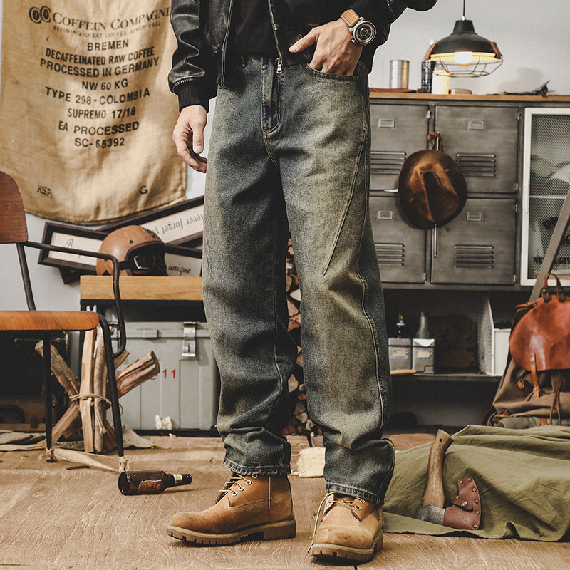 美式復古水洗黃泥色直筒牛仔褲男春秋2025新款潮牌寬鬆男士休閒褲