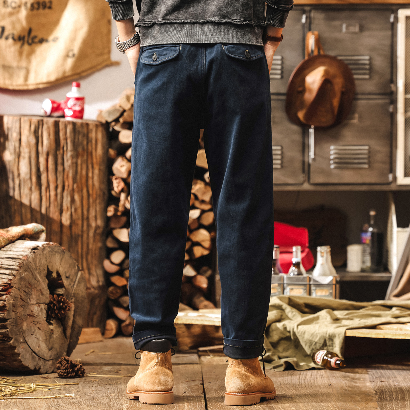 美式復古簡約工裝褲子男2025新款寬鬆大碼男褲藏青色休閒秋季長褲