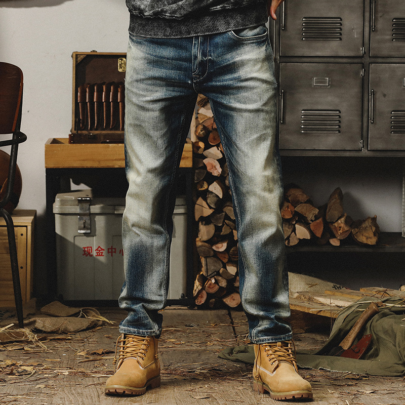 美式經典復古15盎司重磅秋季牛仔褲男直筒石磨水洗做舊休閒長褲子
