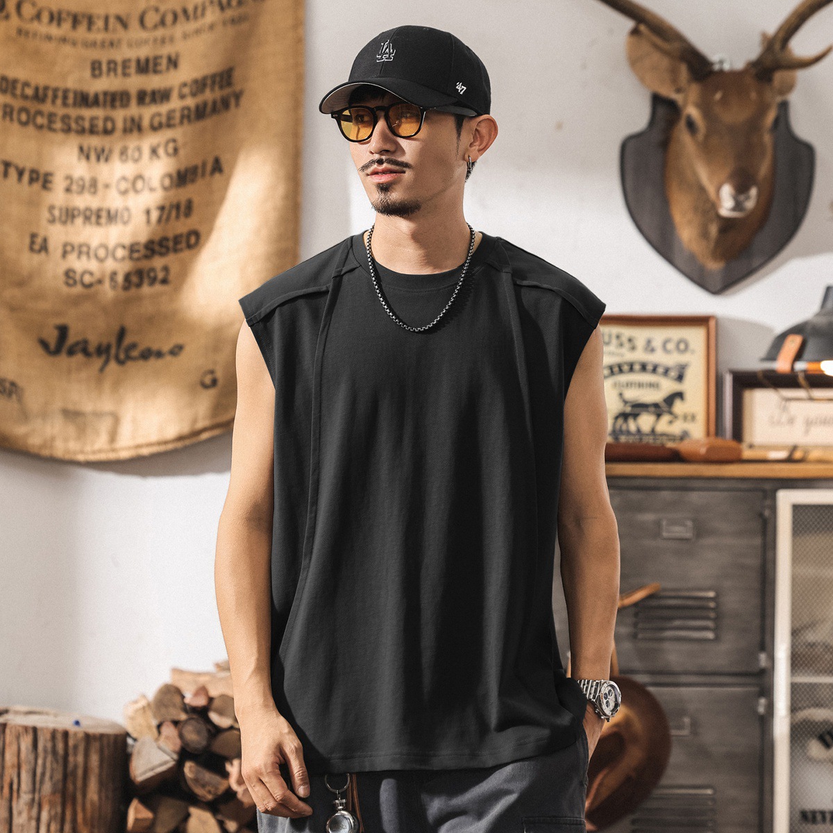 美式復古重磅280g男士背心夏季新款潮牌拼接坎肩寬鬆無袖純棉T恤