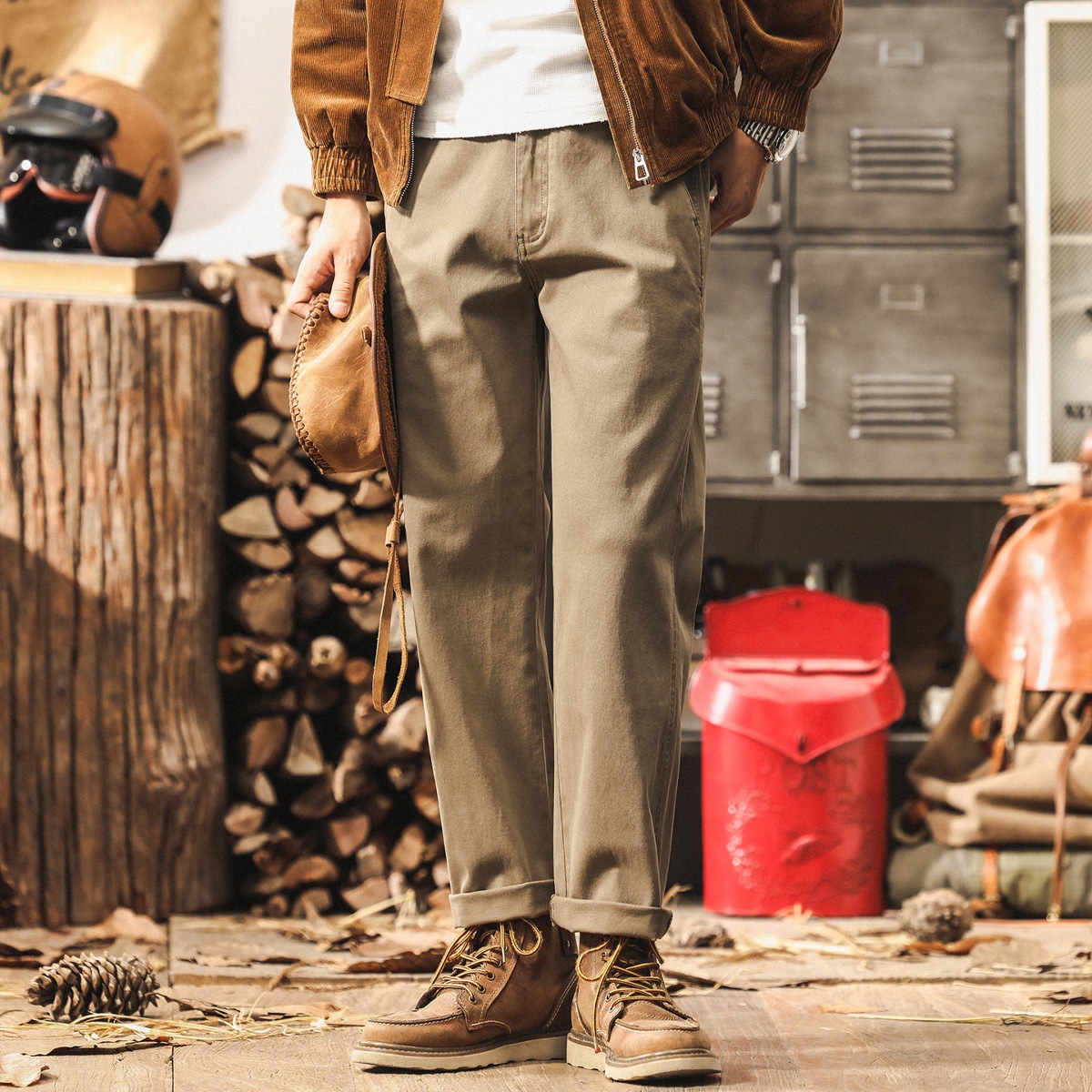 美式工裝復古卡其色褲子男款秋季潮牌寬鬆直筒新款簡約男士休閒褲