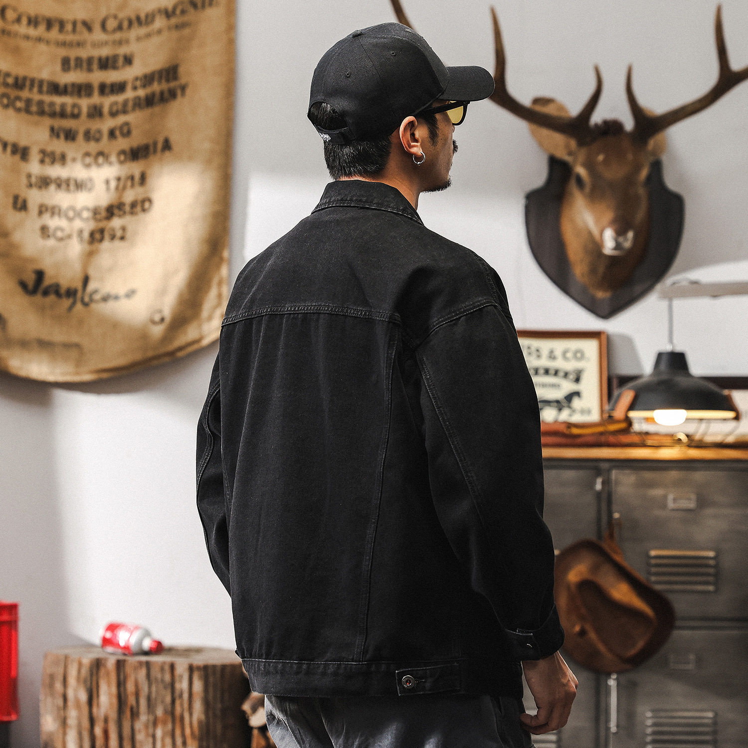 美式復古黑色牛仔外套男春秋2025新款潮牌痞帥寬鬆大碼工裝夾克潮