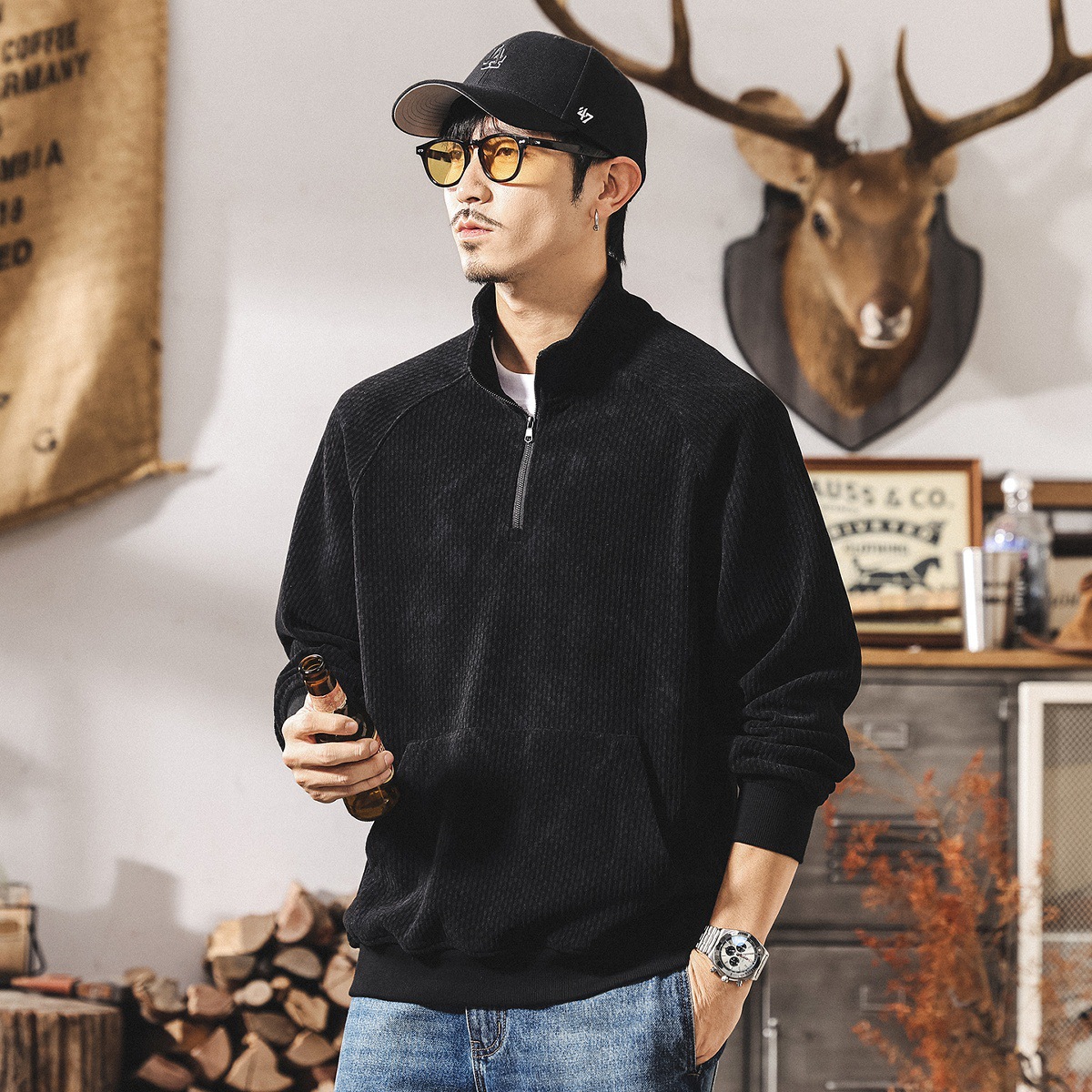 美式復古400g重磅半高領衛衣男春秋潮牌保暖絨感寬鬆半拉鍊外套男