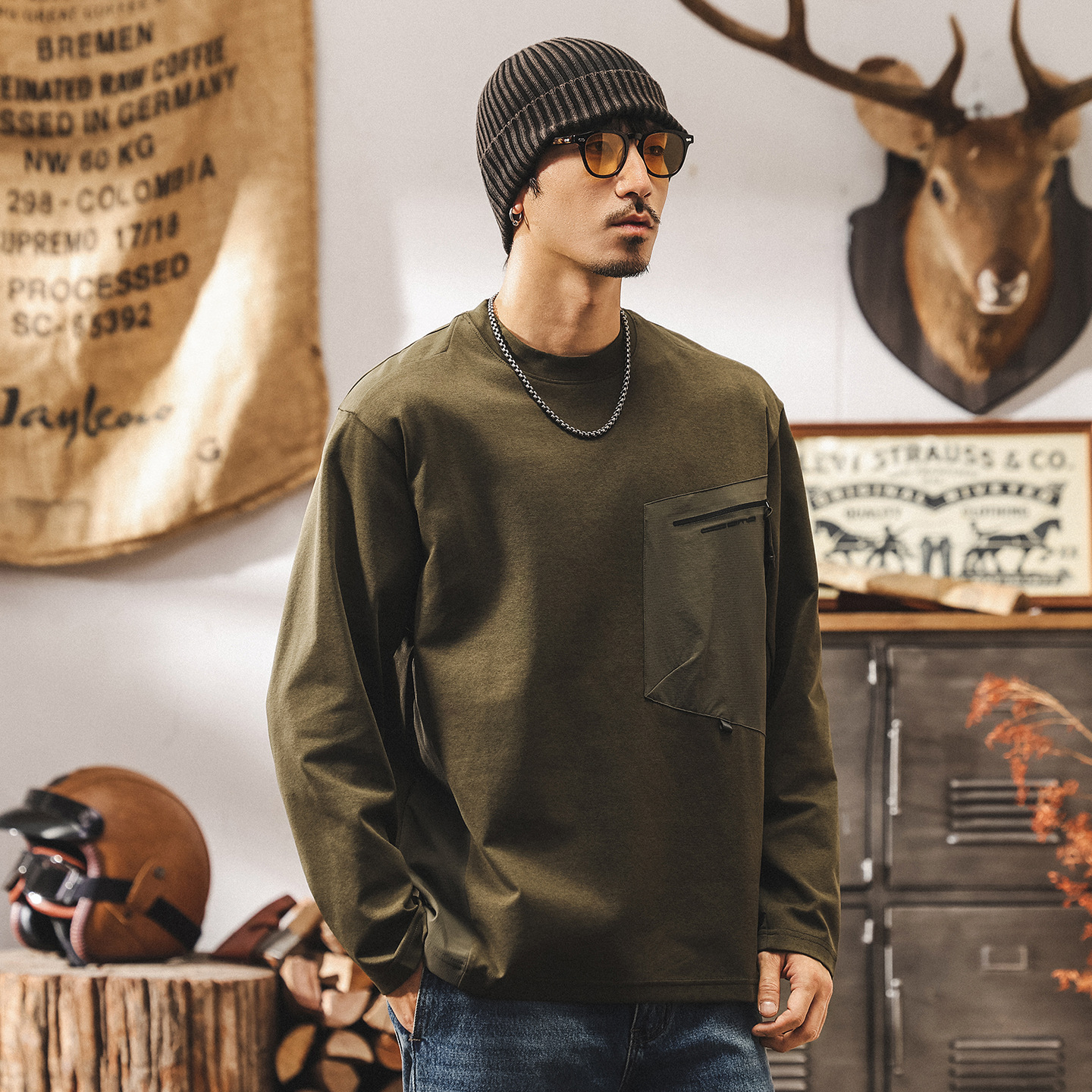 美式復古軍綠色t恤男長袖春秋新款潮牌拼接城市戶外速幹男士上衣