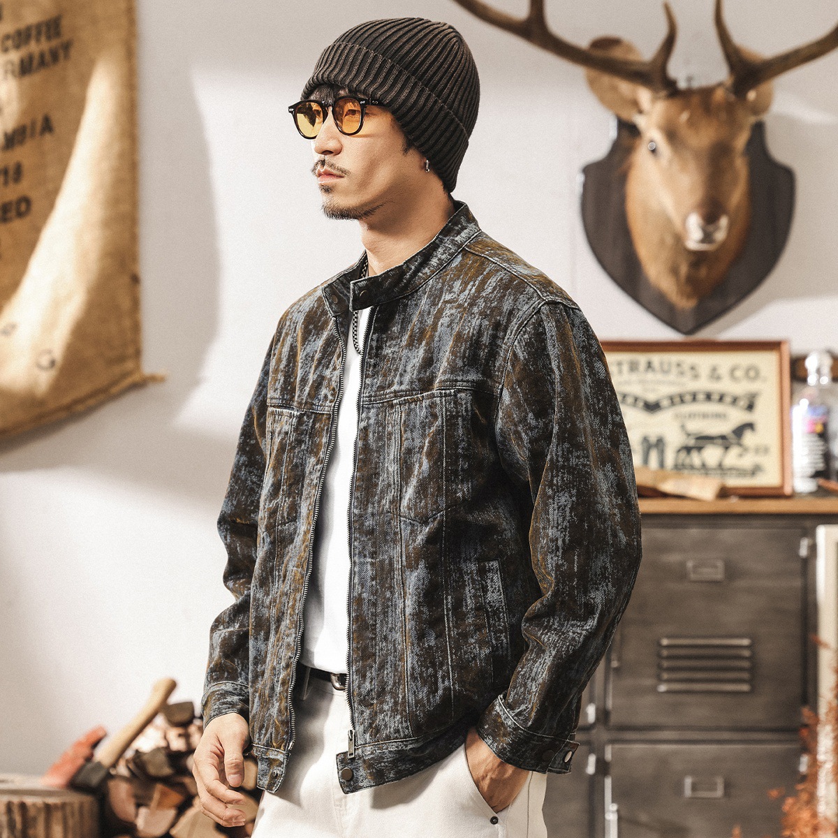 美式復古廢土風植絨斑駁牛仔外套男士秋季新款寬鬆潮流帥氣夾克男