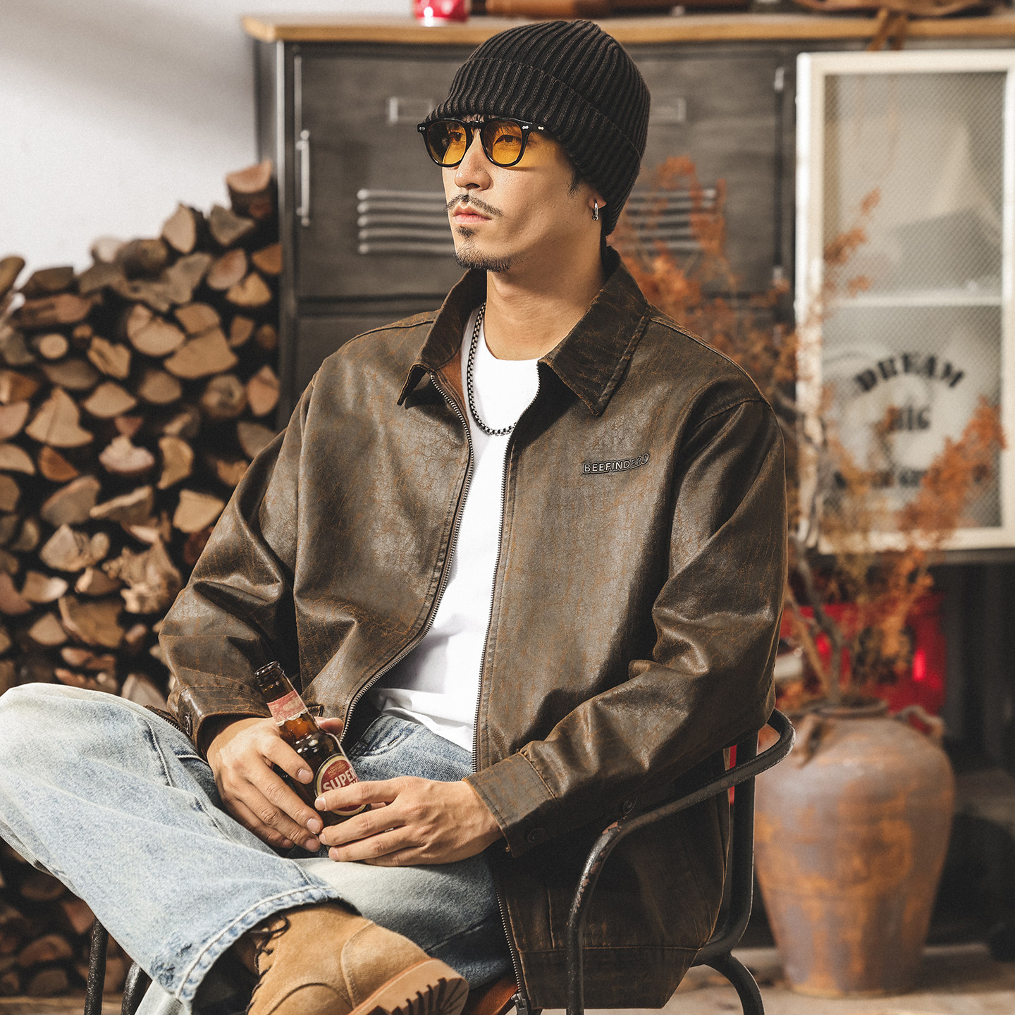 美式復古油蠟皮夾克男春季新款休閒寬鬆潮流古着帥氣大碼機車外套