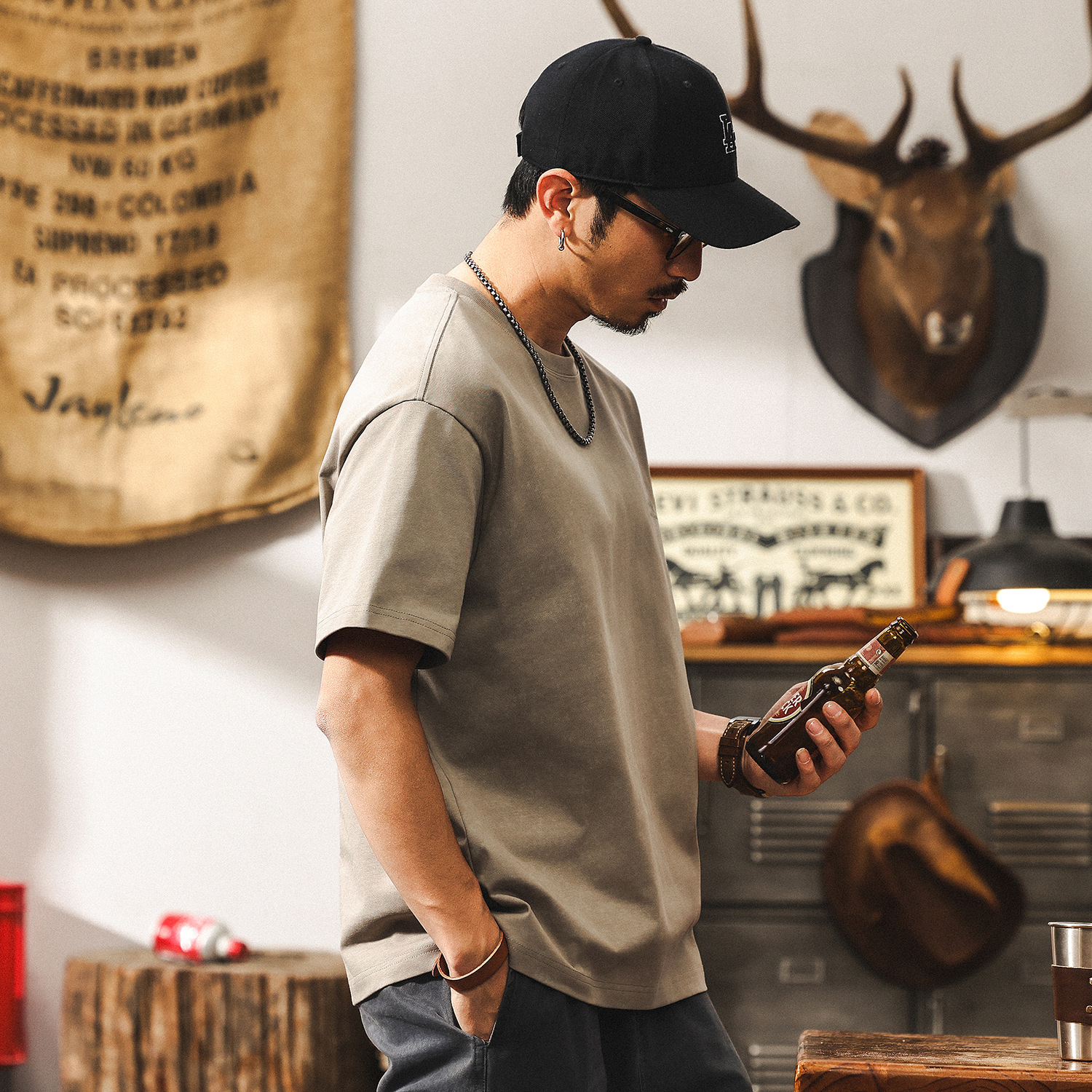 美式復古蠟染300g重磅T恤男短袖夏季2025新款寬鬆雙紗上衣男