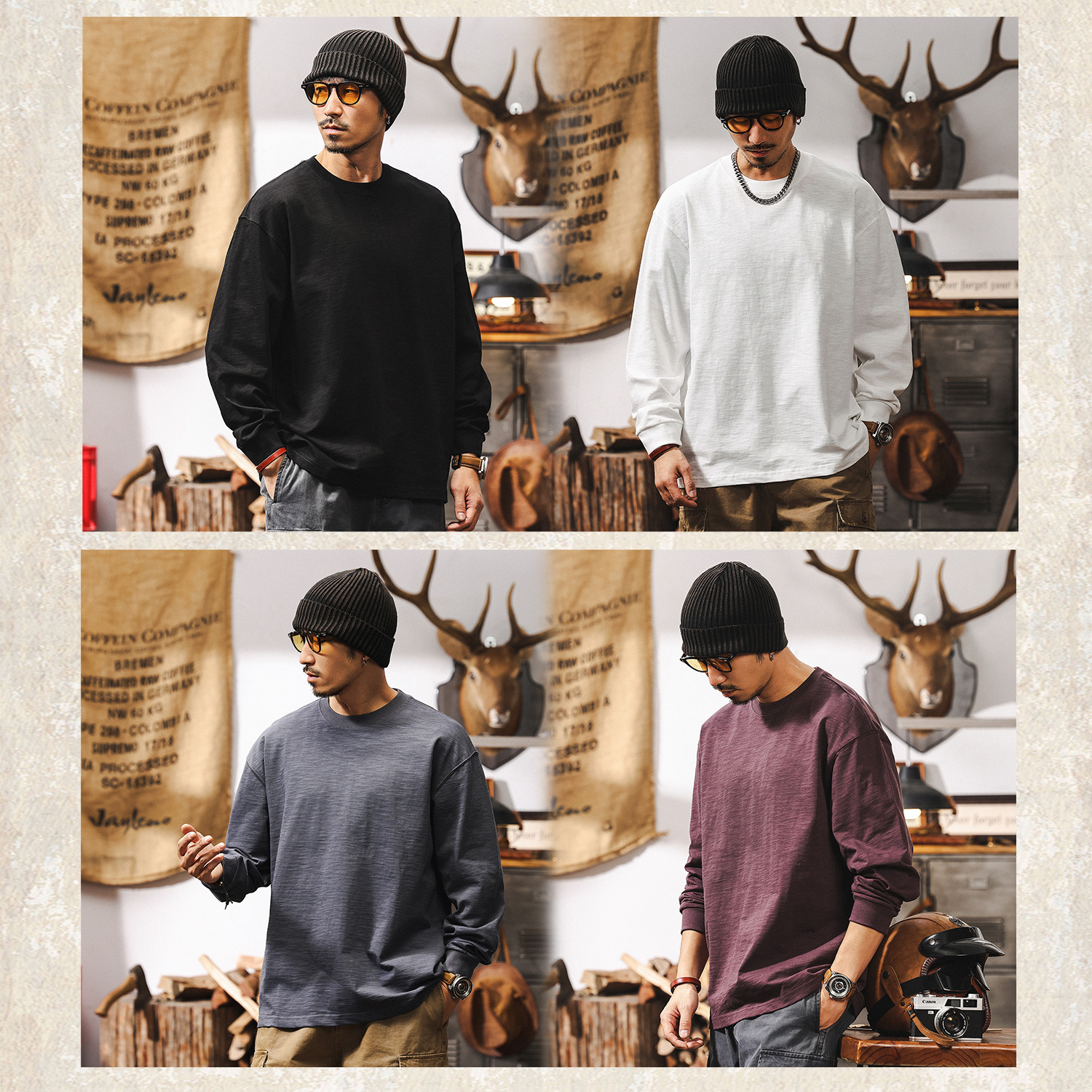 竹節肌理T恤男長袖春秋季2025新款多巴胺紫色寬鬆簡約男士上衣T潮