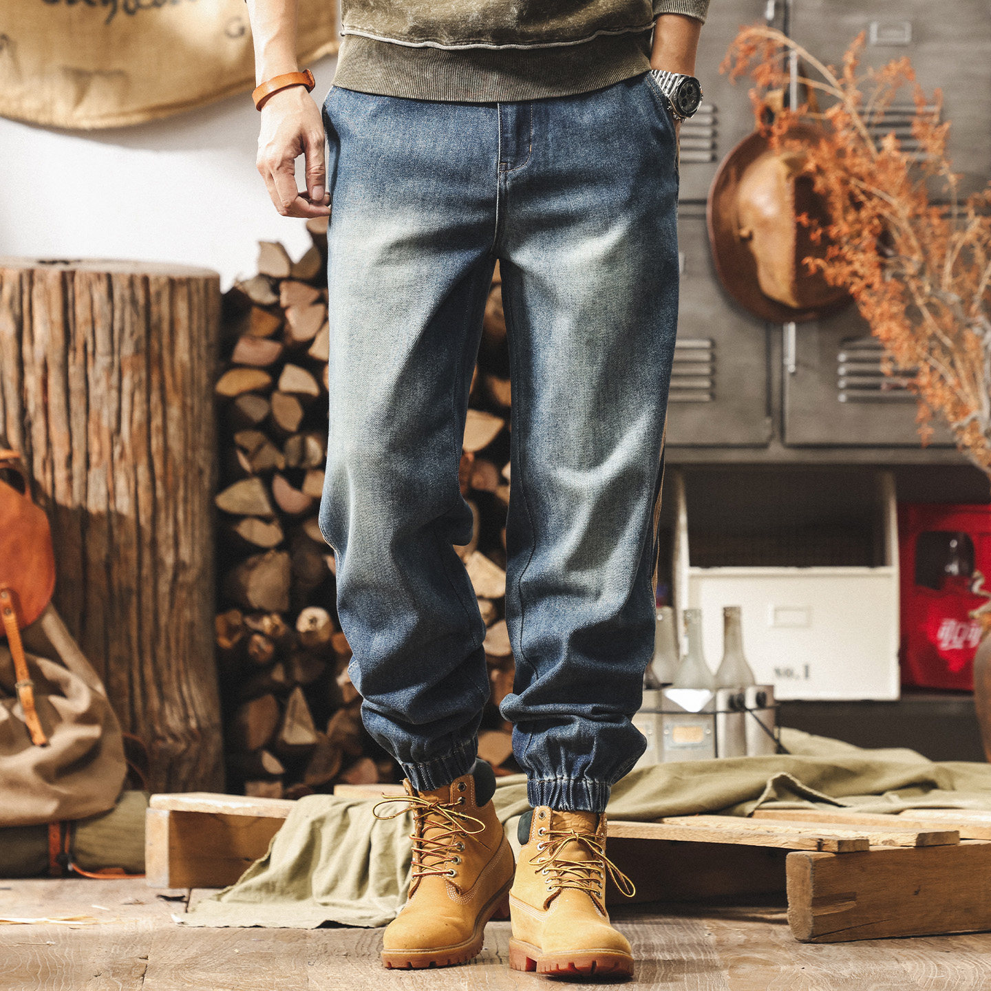 美式復古重磅水洗牛仔褲男款春季潮牌拼接工裝褲子男士寬鬆休閒褲