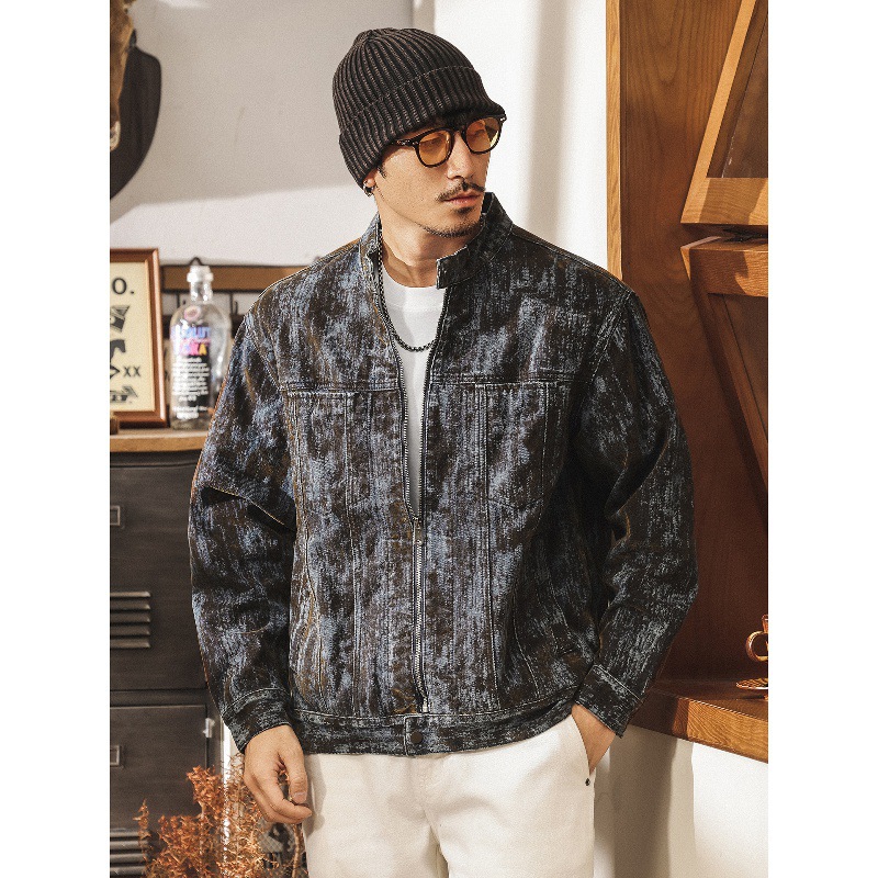 美式復古廢土風植絨斑駁牛仔外套男士秋季新款寬鬆潮流帥氣夾克男