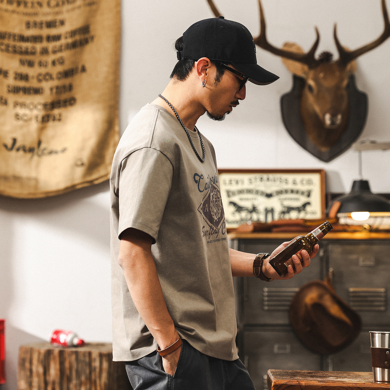 三本針雙紗精梳棉重磅300g夏季T恤男士短袖美式復古蠟染寬鬆上衣