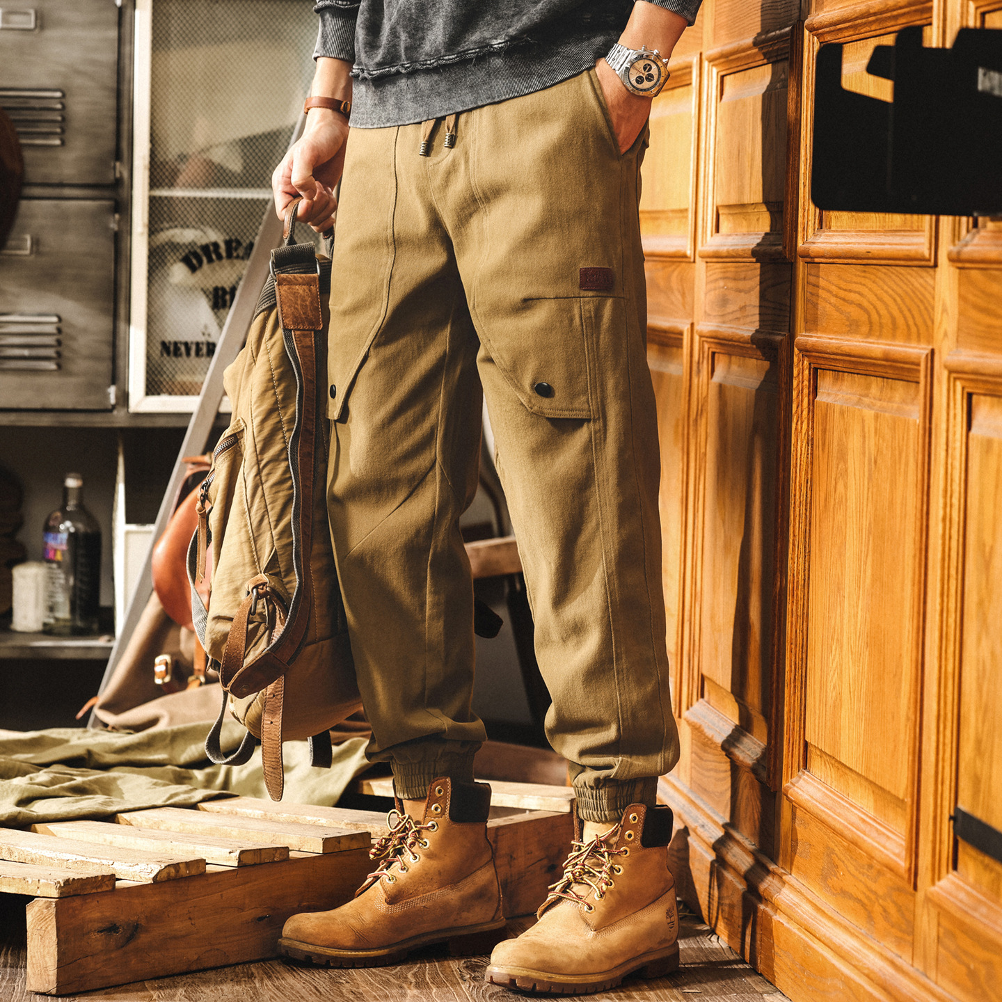 美式復古卡其色工裝褲子男士秋季新款戶外潮牌寬鬆束腳男褲休閒褲