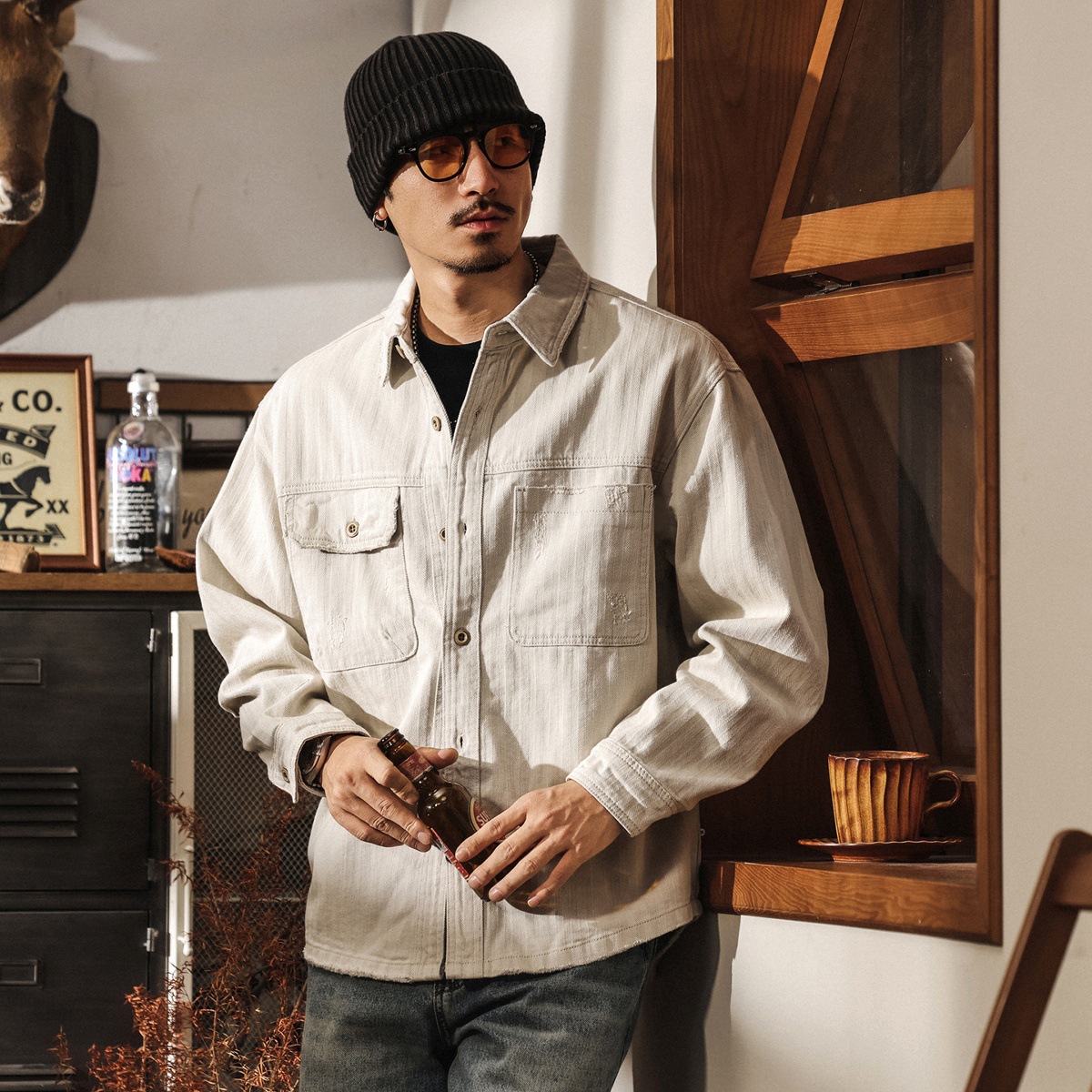 美式復古破壞風人字紋牛仔襯衫男秋季新款寬鬆工裝夾克外套男春秋