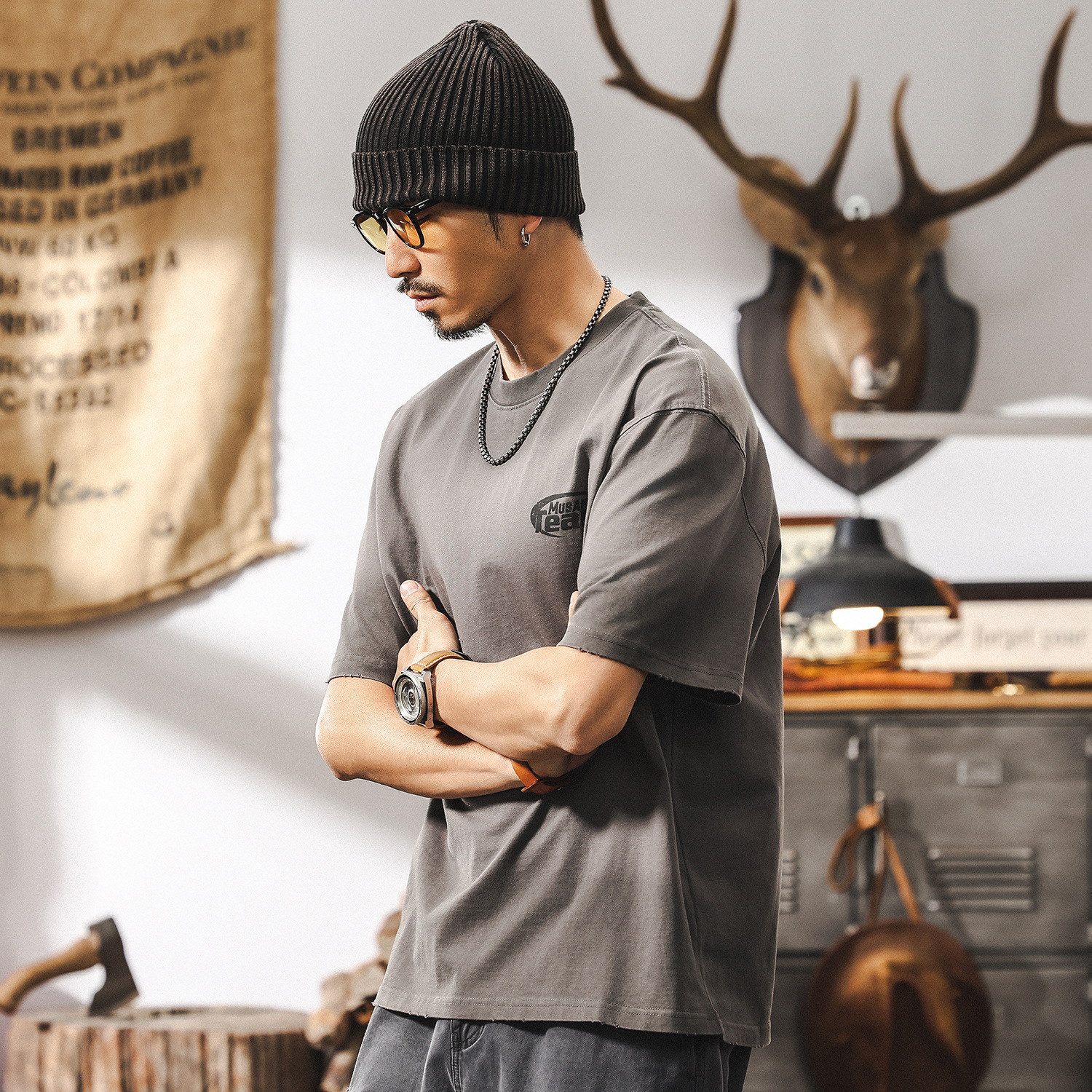 美式髒染水洗T恤男重磅夏季短袖潮牌龜裂印花寬鬆半袖上衣男