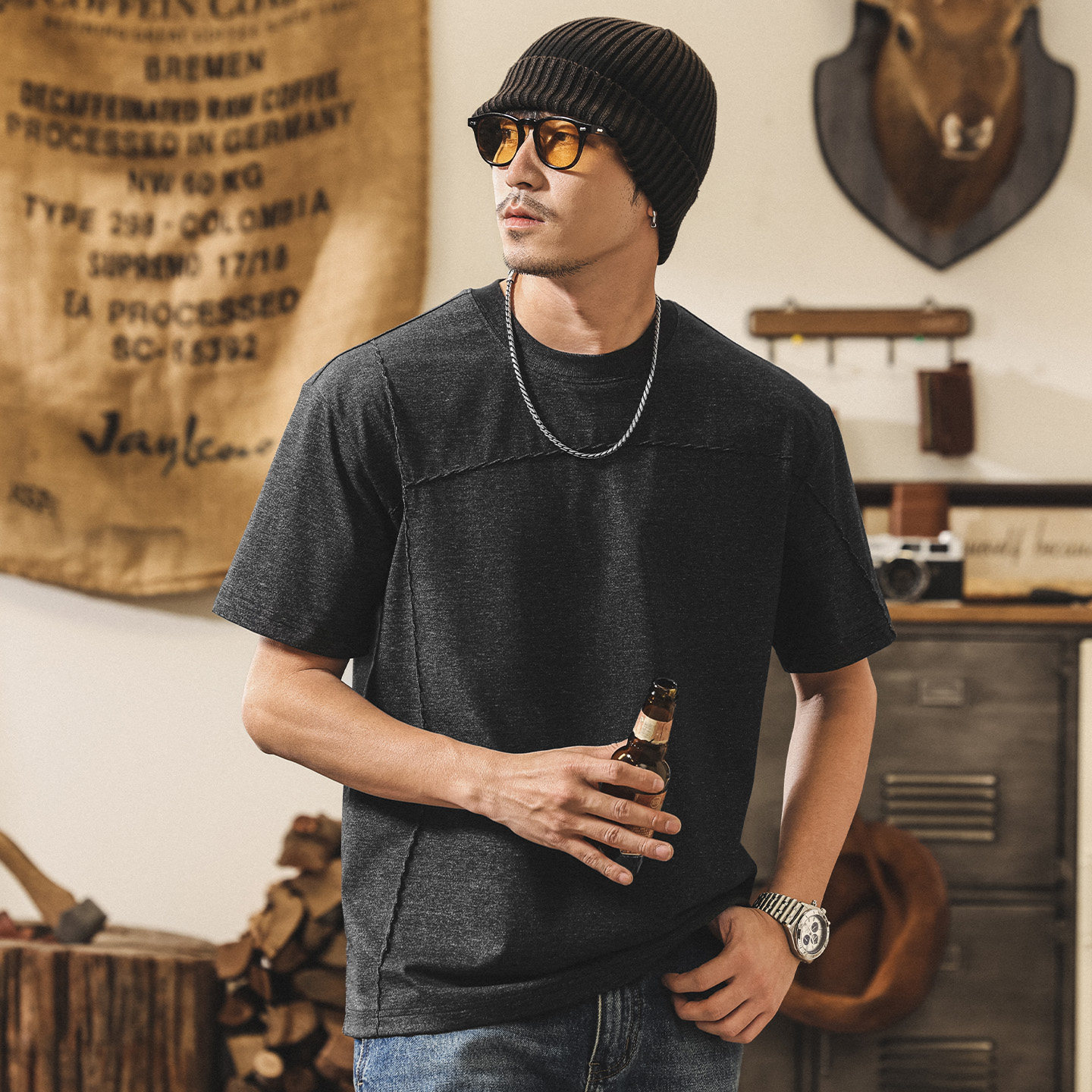 美式復古紡鹽棉短袖男士T恤夏季潮牌男裝半袖新款寬鬆休閒上衣男