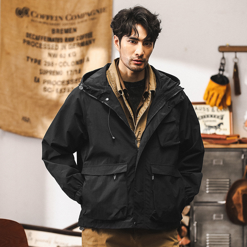 美式復古工裝外套男春秋款潮牌戶外防風衝鋒衣男機能連帽教練夾克
