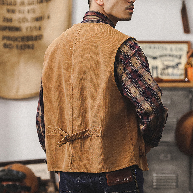 美式重磅復古燈芯絨馬甲外套男寬鬆2024新款潮牌古著工裝夾克褂子