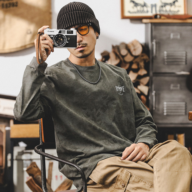 杰雷諾美式復古長袖T恤男秋季270g重磅寬鬆潮牌雲染洗褪男士上衣T