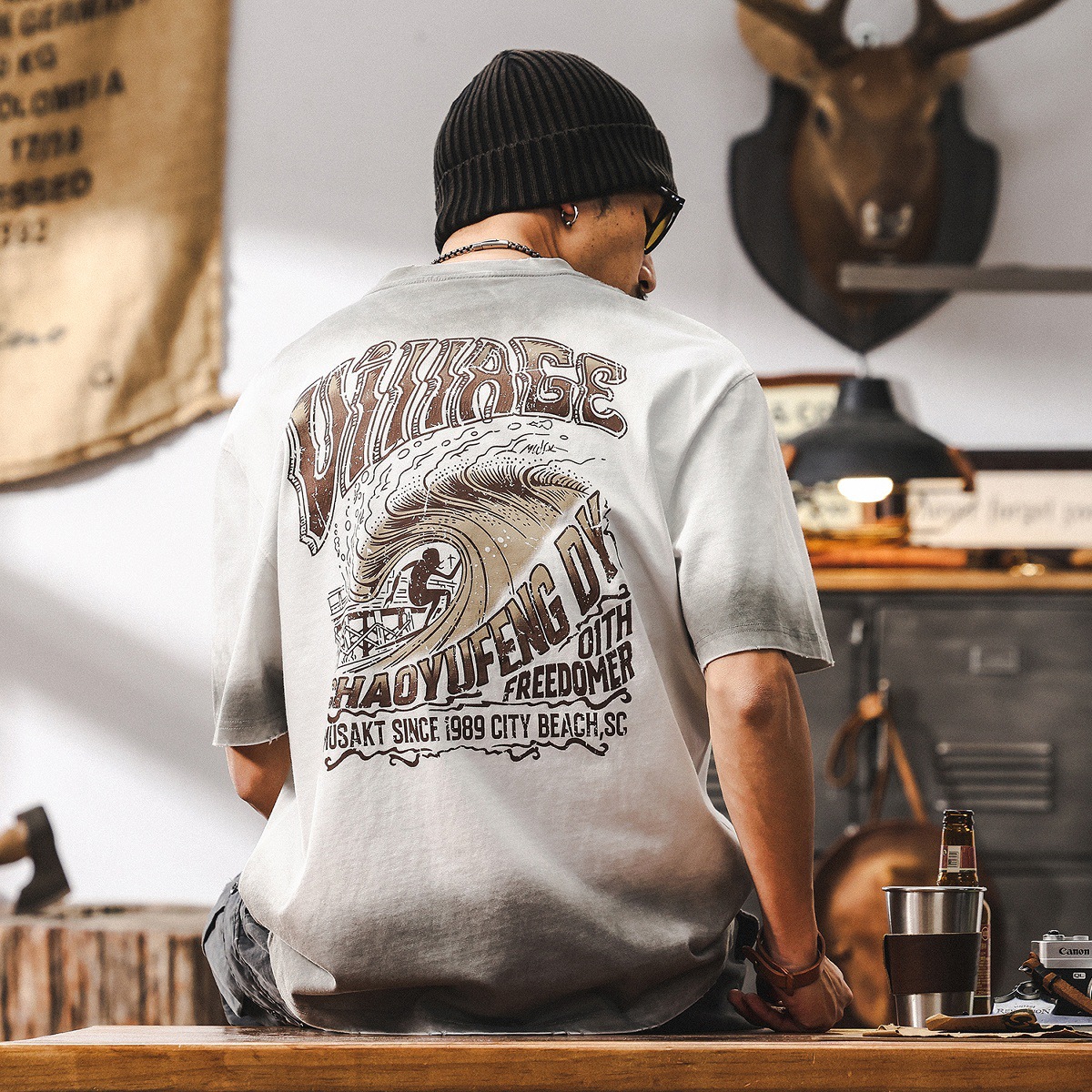 美式復古臟染水洗重磅T恤男夏季2025新款潮牌寬鬆短袖上衣男